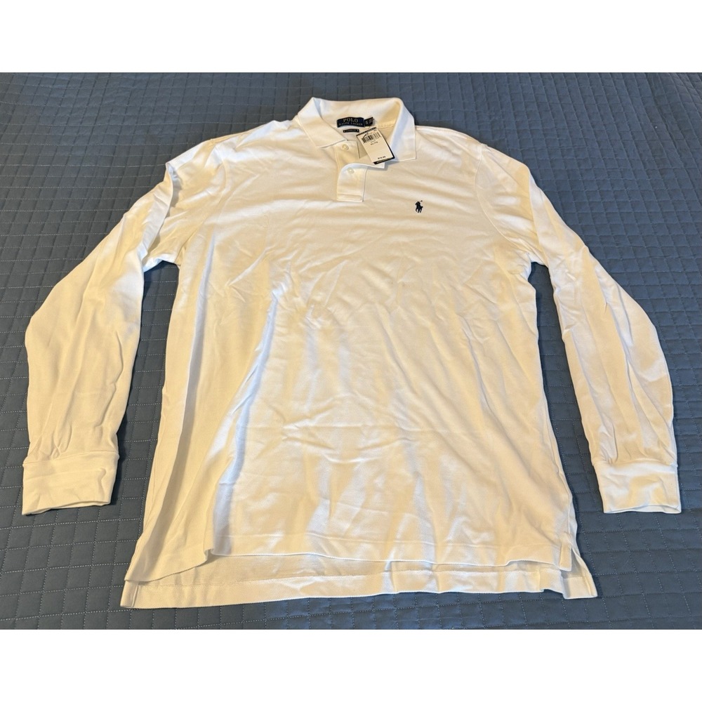 NWT Polo Ralph Lauren Polo Shirt Men XL White Long Sleeve Blue Pony 100% Cotton